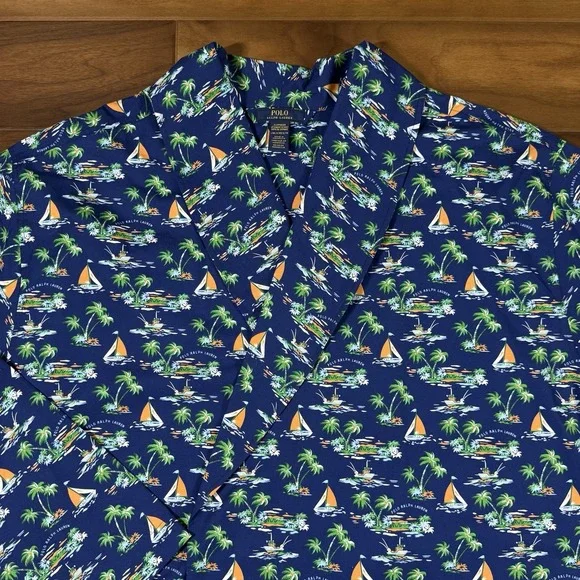 Polo Ralph Lauren Mens Size L / XL Blue Tropical Sailboat Print 100% Cotton Robe - Picture 2 of 13